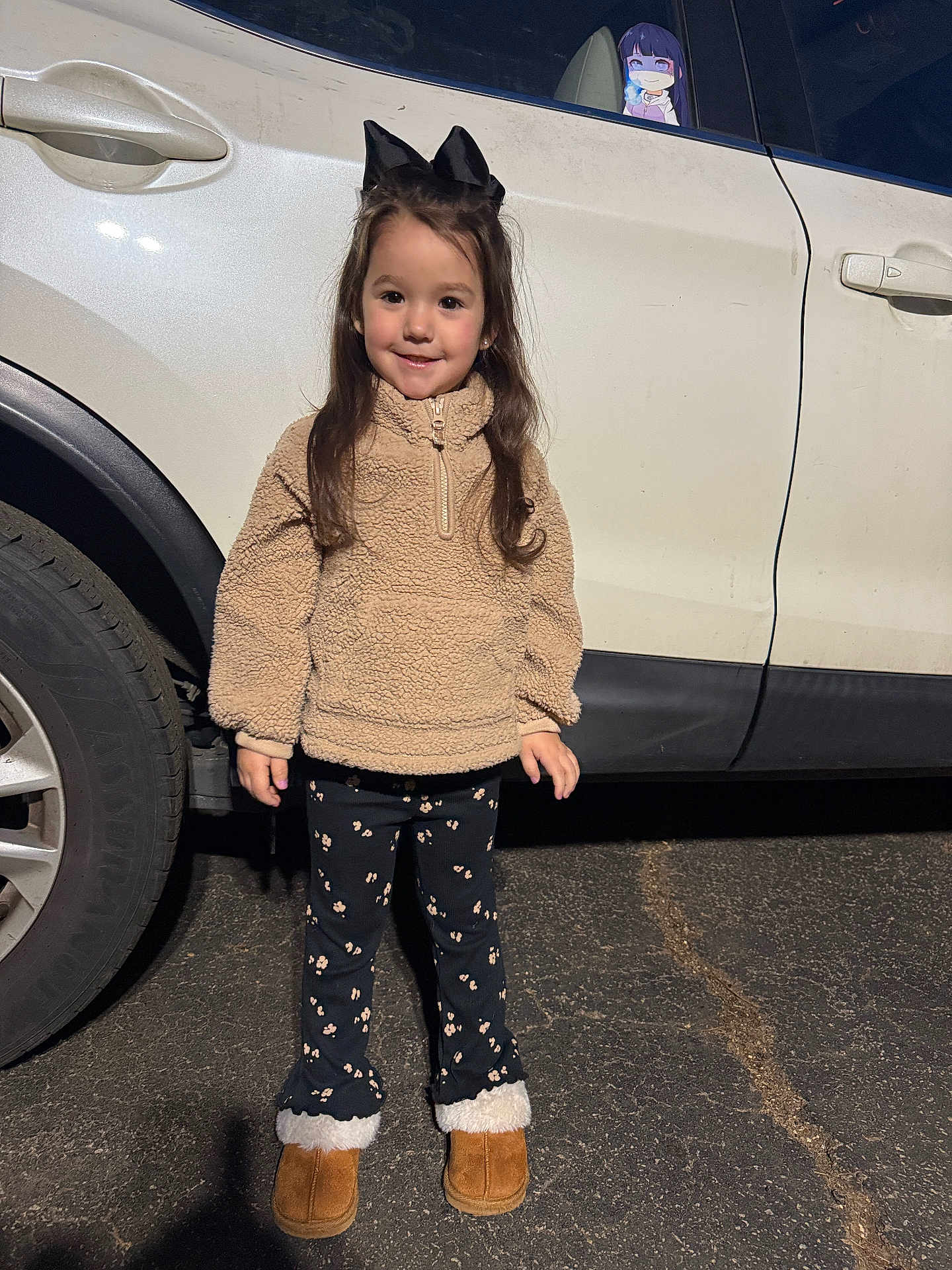 Hinata joined the competition — help win amazing prizes! child, girl, smile, standing, car, white_car, bow, hair_accessory, pullover, leggings, boots, parking_lot, asphalt, night, cute, anime_sticker, window, outdoor, fashion, portrait