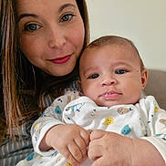 Ismaël a rejoint le concours — aidez-le/la à gagner de superbes lots ! baby, woman, portrait, closeup, child, infant, face, smile, love, family, clothing, onesie, pattern, skin, hand, holding, indoor, person, cute, warm