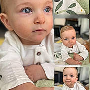 Dayann a rejoint le concours — aidez-le/la à gagner de superbes lots ! toddler, child, baby, portrait, close_up, blue_eyes, white_clothing, indoor, blanket, pattern, smiling, curious, crawling, cute, face, hand, soft_light, expression, collage, home