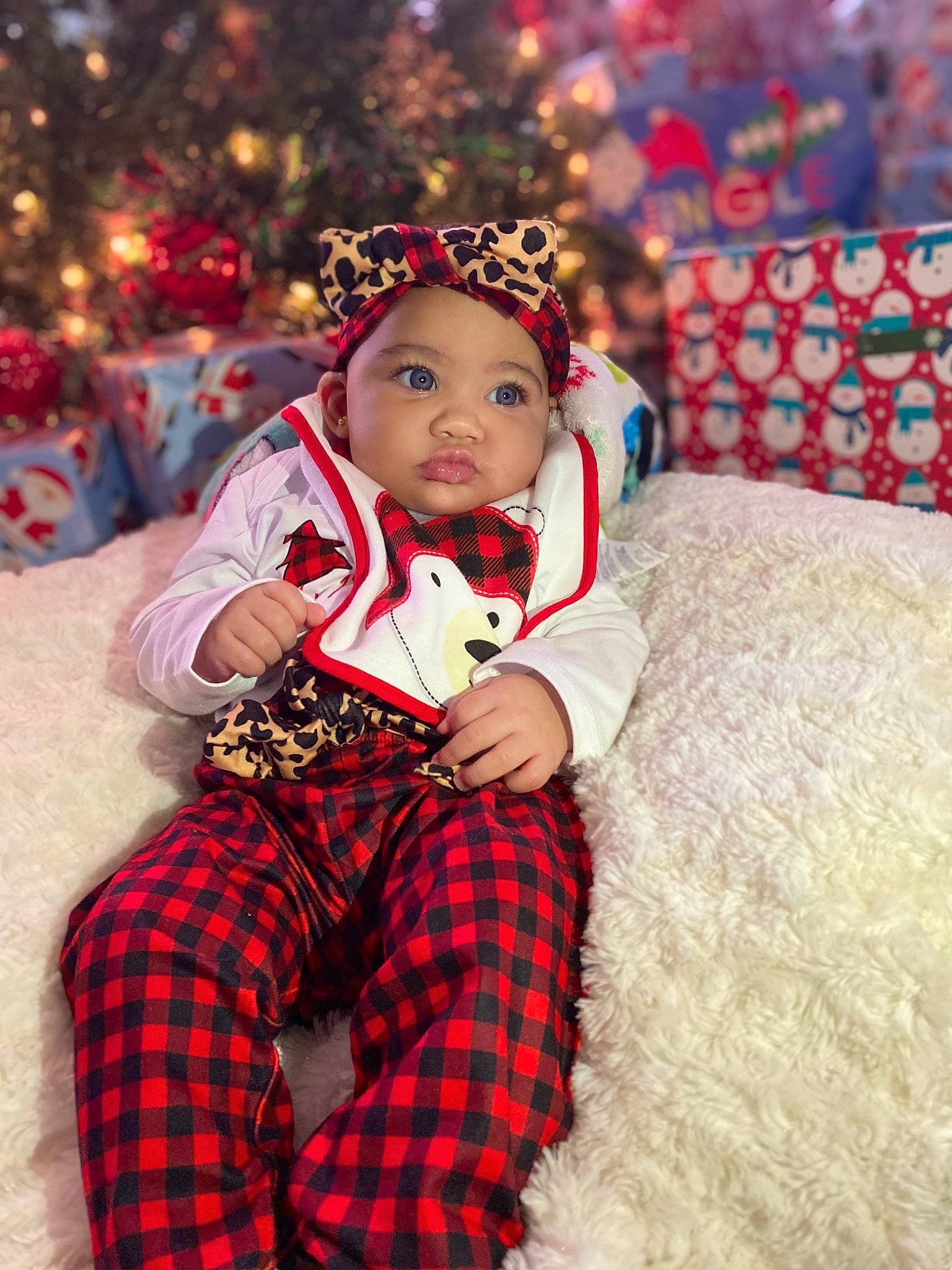 Azara joined the competition — help win amazing prizes! baby_toddler_clothing, christmas, costume, costume_accessory, hair_accessory, headgear, headpiece, headwear, holiday, human, human_body, nose, pattern, person, plaid, red, sock, tartan, textile, toddler
