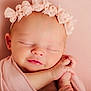 newborn, baby, sleeping, pink, headband, flower, wrapped, blanket, soft, peaceful, infant, cute, portrait, closeup, child, skin, hands, resting, face, adorable