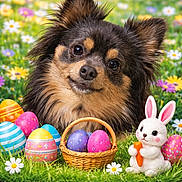 Geddi is registered to the contest to win money with this photo: dog, fluffy, easter_eggs, colorful, basket, plush_bunny, carrot, grass, flowers, spring, cute, outdoor, animal, portrait, nature, playful, celebration, holiday, greenery, pet