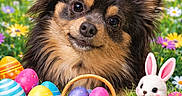 Geddi is registered to the contest to win money with this photo: animal, basket, carrot, celebration, colorful, cute, dog, easter_eggs, flowers, fluffy, grass, greenery, holiday, nature, outdoor, pet, playful, plush_bunny, portrait, spring