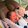 baby, sleeping, blanket, car_seat, evenflo, infant, soft, cozy, resting, child, cute, peaceful, face, head, wrapped, pink_clothing, indoor, portrait, newborn, fabric