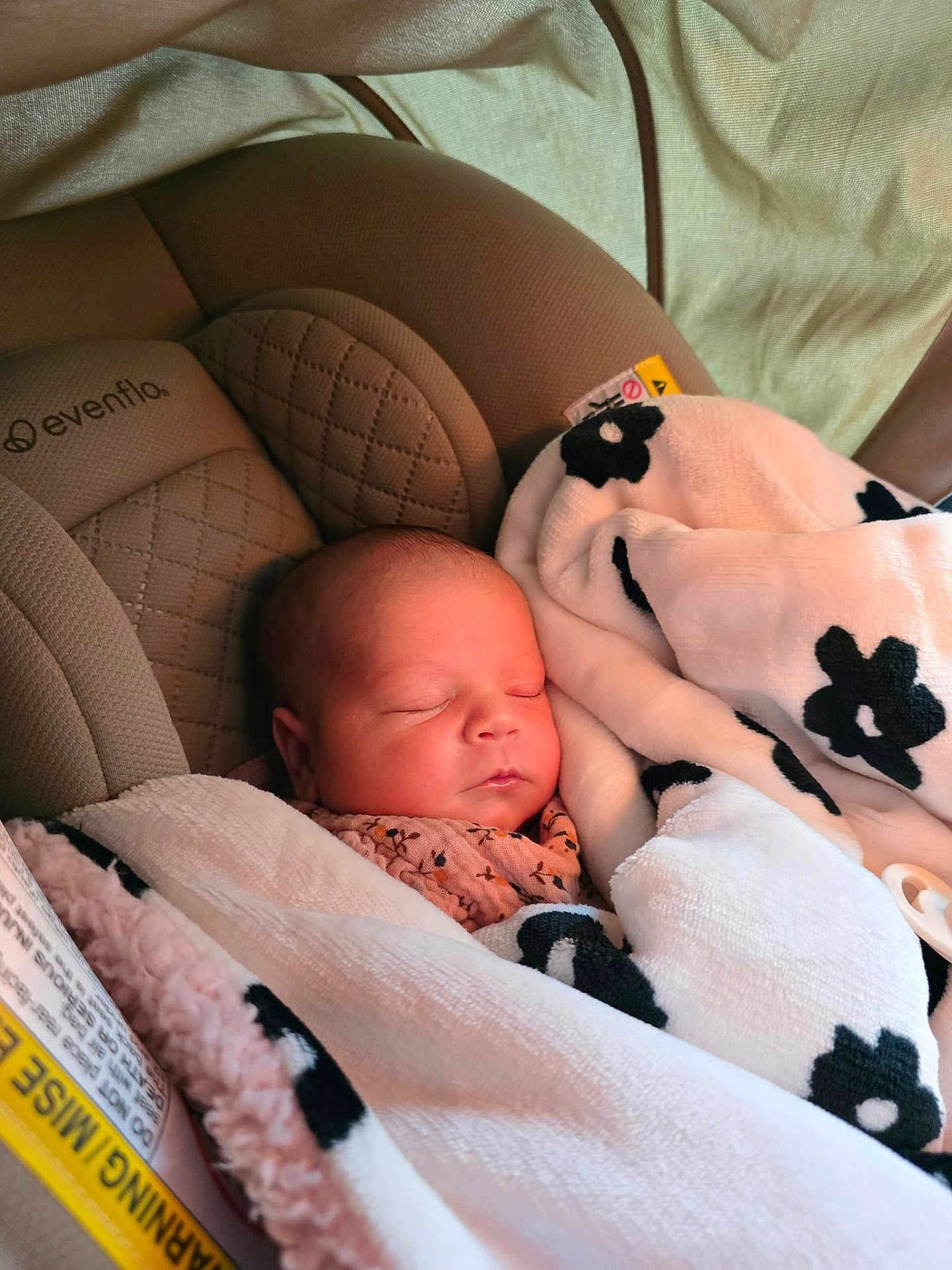 Cassidy joined the competition — help win amazing prizes! baby, sleeping, blanket, car_seat, evenflo, infant, soft, cozy, resting, child, cute, peaceful, face, head, wrapped, pink_clothing, indoor, portrait, newborn, fabric