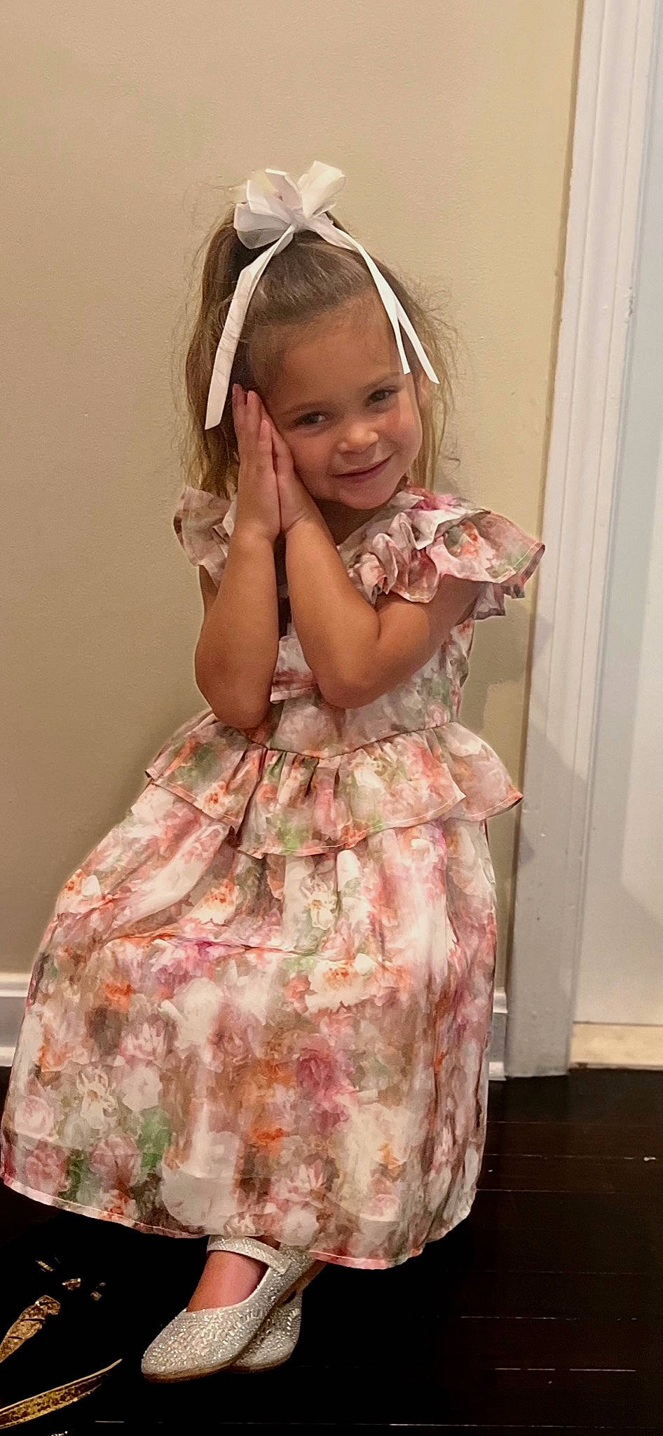 Valencia is registered to the contest to win money with this photo: baby_toddler_clothing, beauty, day_dress, door, dress, embellishment, fashion_design, flash_photography, formal_wear, happy, joy, magenta, one_piece_garment, person, pink, skin, sleeve, smile, textile, toddler