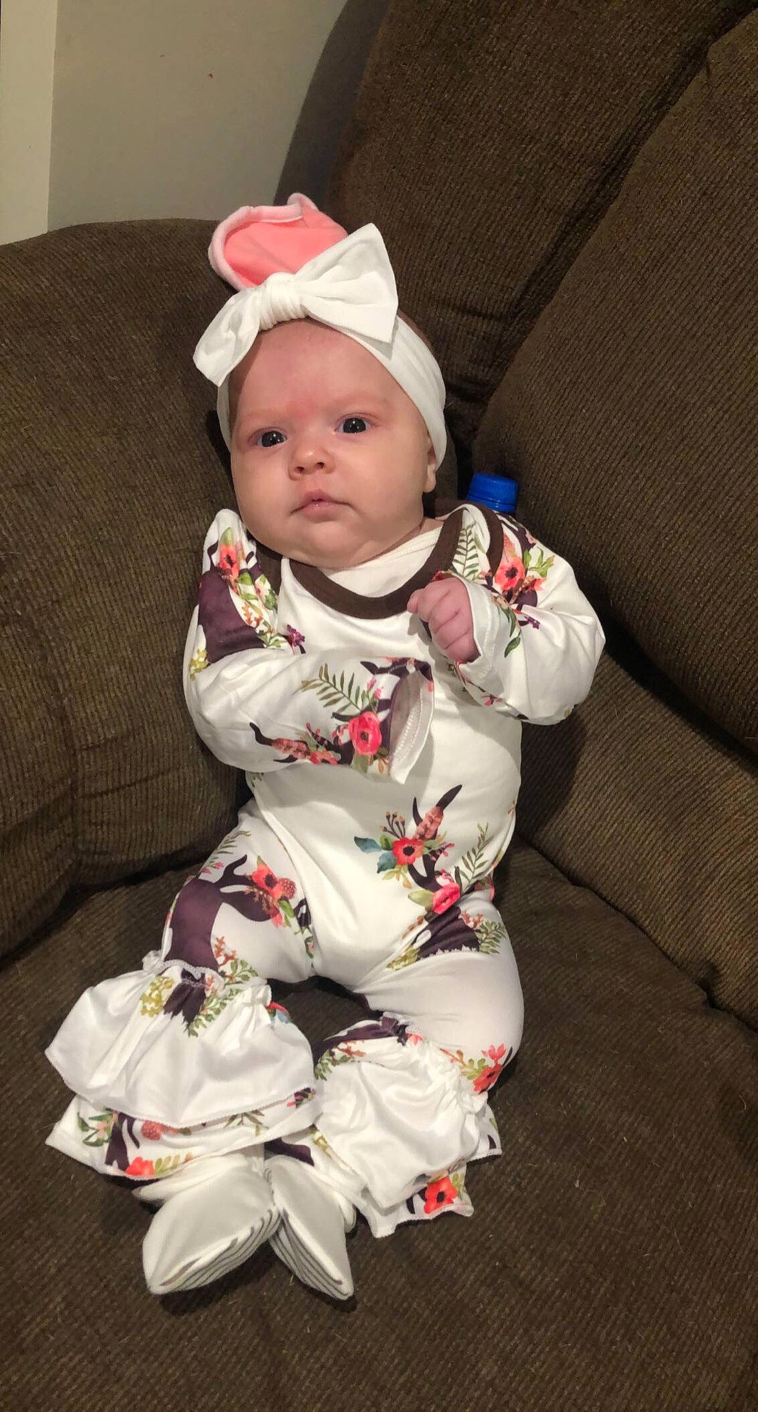 Madalynn joined the competition — help win amazing prizes! baby, baby_products, baby_toddler_clothing, cap, carmine, cheek, child, christmas, comfort, costume, couch, eye, fictional_character, headwear, lap, linens, person, sitting, sleeve, smile