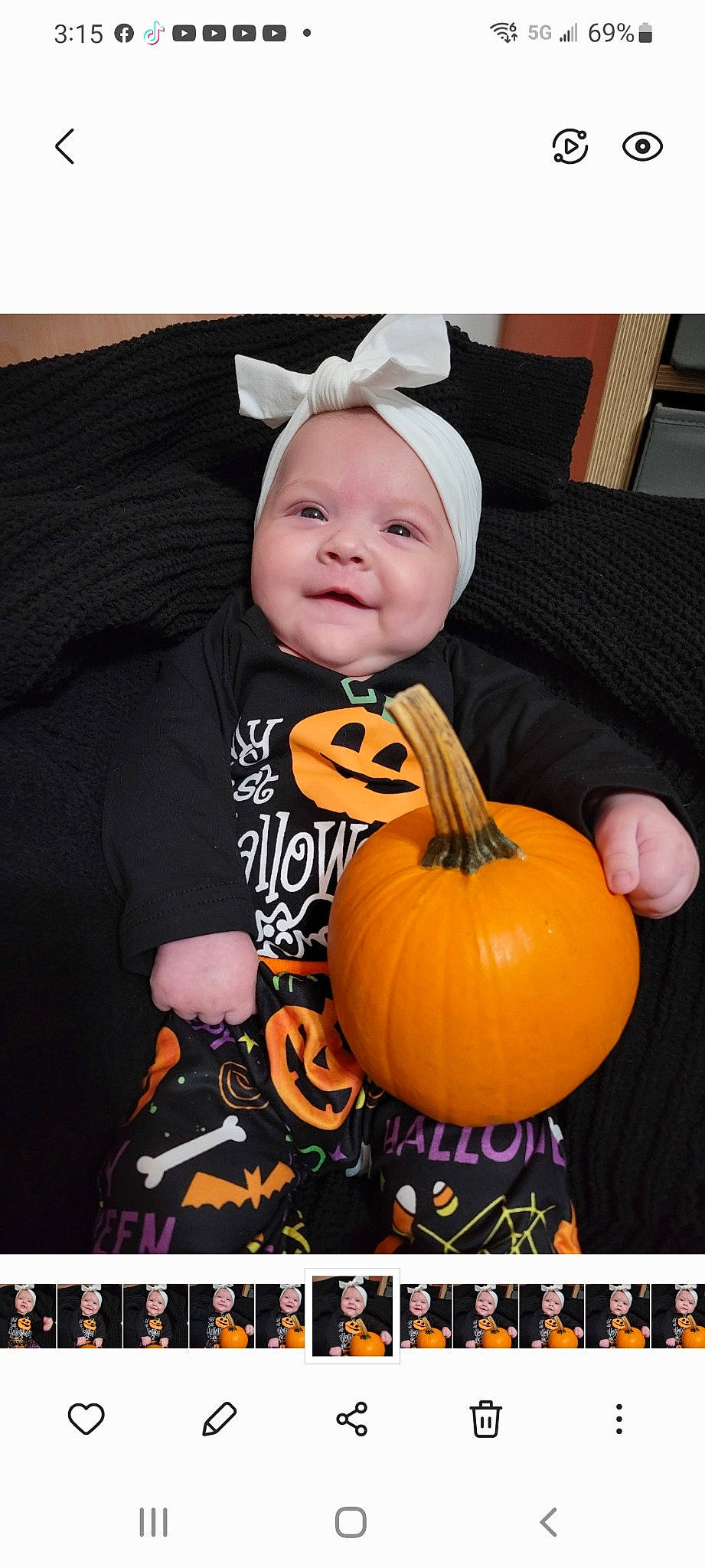 Madalynn is registered to the contest to win money with this photo: baby_toddler_clothing, black, calabaza, eye, gourd, happy, headwear, joy, natural_foods, orange, outerwear, person, photograph, plant, product, pumpkin, sleeve, smile, snapshot, squash