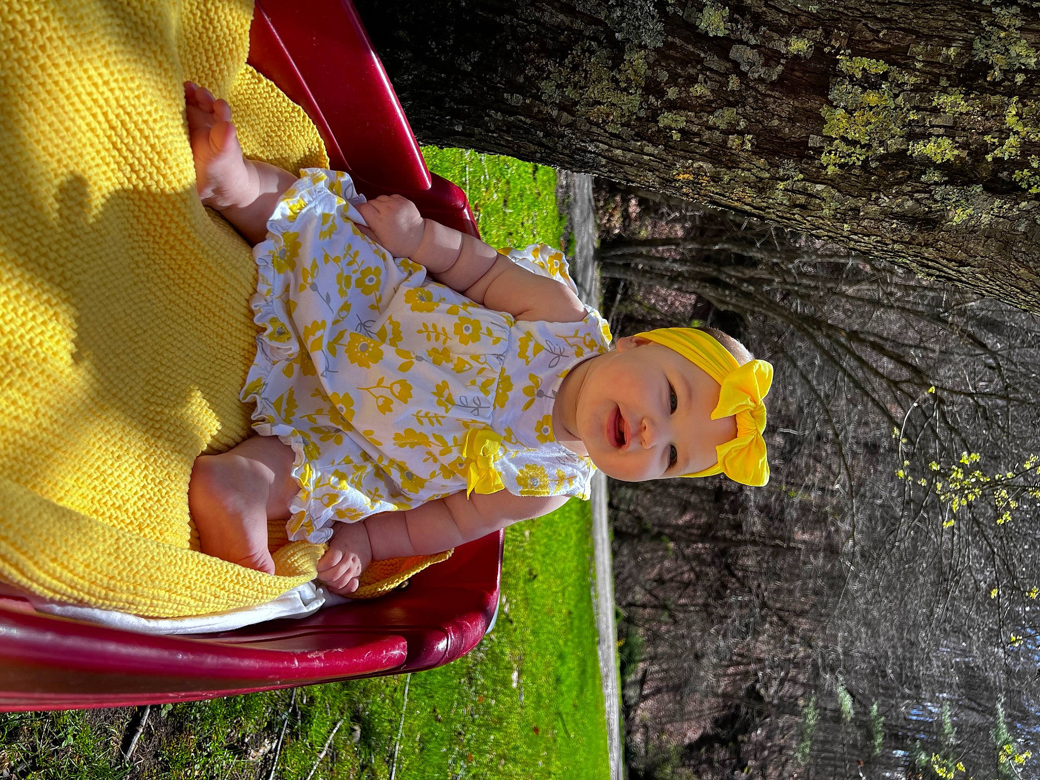 Gracie is registered to the contest to win money with this photo: baby, baby_toddler_clothing, child, fun, grass, happy, headwear, human_body, leisure, magenta, outdoor_play_equipment, pattern, people_in_nature, person, plant, play, recreation, sitting, smile, tints_and_shades