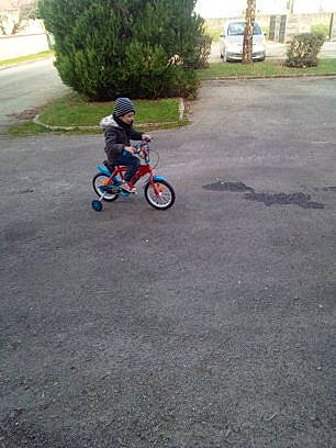 Grégory a rejoint le concours — aidez-le/la à gagner de superbes lots ! asphalt, automotive_wheel_system, bicycle, bicycle_accessory, bicycle_frame, bicycle_tire, bicycle_wheel, bicycles_equipment_and_supplies, cycle_sport, cycling, grass, helmet, person, plant, road_surface, rolling, tire, toddler, training_wheels, tree