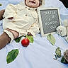 Nayla joined the competition — help win amazing prizes! baby, infant, child, smiling, portrait, bonnet, cream_outfit, frills, six_months, milestone_board, letterboard, apples, leaves, autumn, plush_toy, sheep_toy, blanket, outdoor, sitting, happy