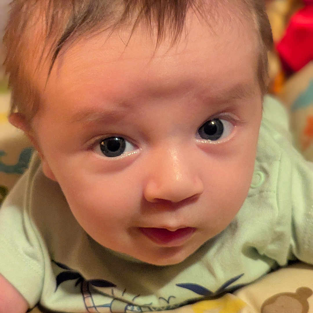 Leonelli is registered to the contest to win money with this photo: animal_pattern, baby, blanket, child, closeup, clothing, curious, cute, expression, eyes, face, hair, indoors, infant, lying_down, portrait, skin, soft_lighting, toddler, young