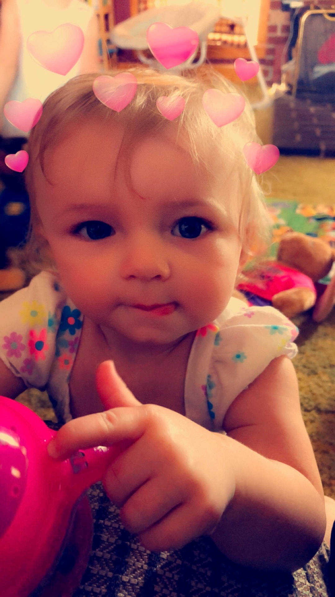 Hazel Marie is registered to the contest to win money with this photo: cheek, child, eye, face, fun, girl, hand, happiness, head, human_hair_color, infant, lip, mouth, organ, person, pink, play, skin, smile, toddler