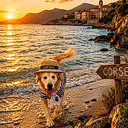 Prince a rejoint le concours — aidez-le/la à gagner de superbes lots ! beach, clothing, clouds, dog, golden_retriever, happy, hat, mountains, outdoor, rocks, sand, scarf, sign, sky, sun, sunset, travel, village, water, waves
