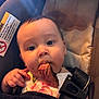 Joanna joined the competition — help win amazing prizes! baby, blanket, car_seat, child, closeup, clothing, curious, cute, dining, eating, face, food, indoor, infant, meat, person, portrait, seatbelt, straps, young