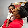 Milo is registered to the contest to win money with this photo: affection, animal_pictures, baby, board, casual_clothing, child, curly_hair, cute, expression, hair_bun, holding, indoor, kiss, love, person, red_hoodie, skin_tone, wall_art, white_shirt, woman