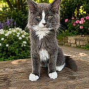Bounty a rejoint le concours — aidez-le/la à gagner de superbes lots ! cat, grey_cat, white_paws, fluffy_fur, yellow_eyes, sitting, wooden_table, garden, flowers, greenery, outdoor, sunlight, nature, pet, animal, portrait, closeup, cute, feline, peaceful