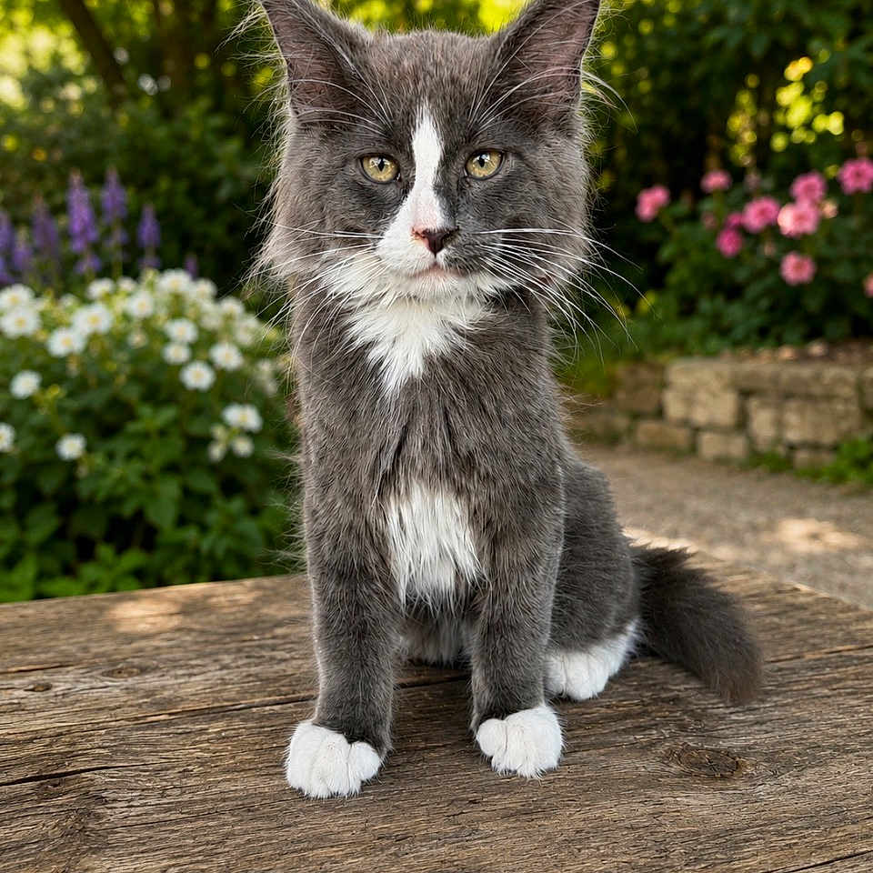 Bounty a rejoint le concours — aidez-le/la à gagner de superbes lots ! cat, grey_cat, white_paws, fluffy_fur, yellow_eyes, sitting, wooden_table, garden, flowers, greenery, outdoor, sunlight, nature, pet, animal, portrait, closeup, cute, feline, peaceful