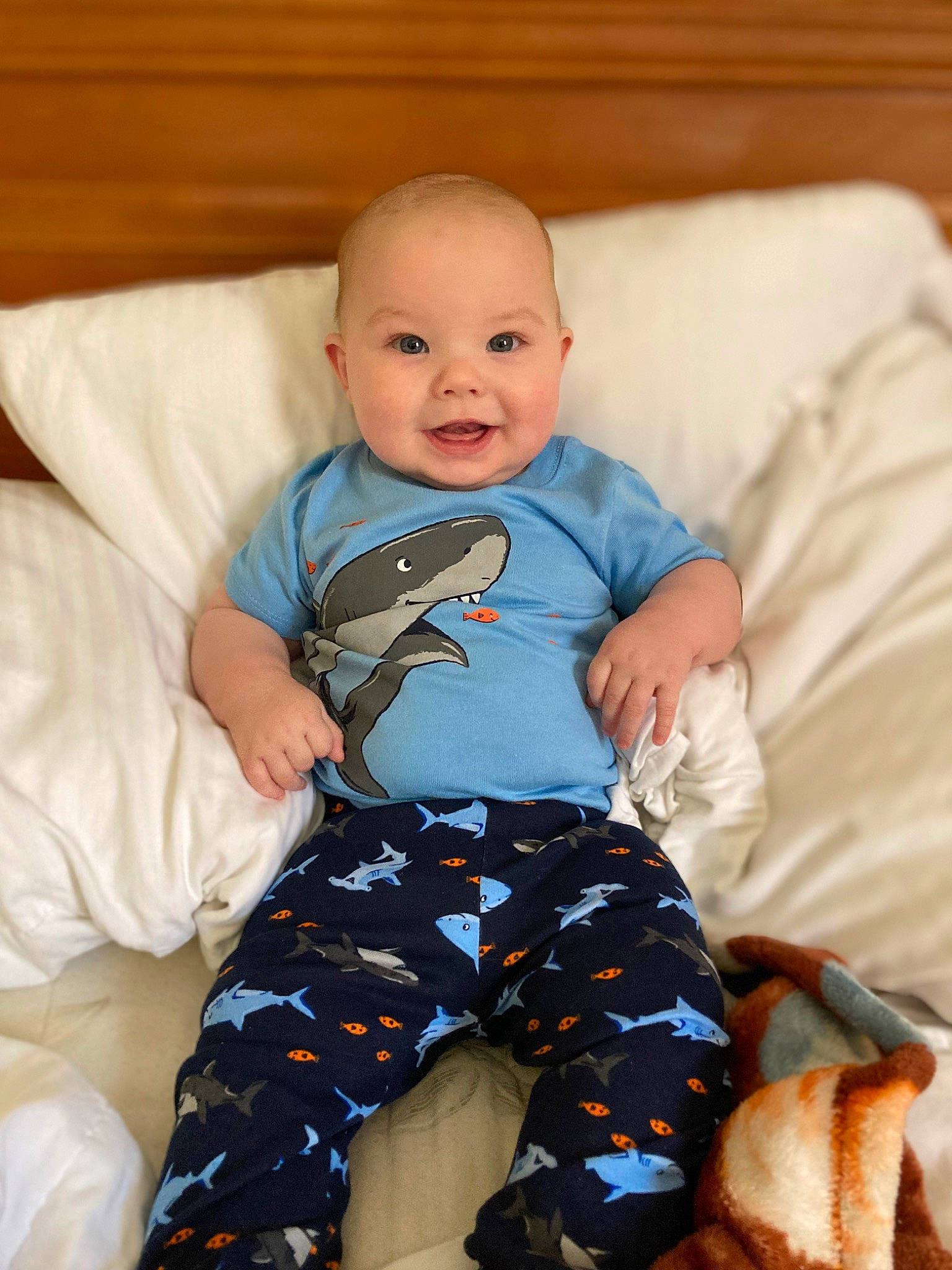 Ryland Kayde joined the competition — help win amazing prizes! baby, baby_toddler_clothing, child, comfort, couch, fun, happy, iris, joy, knee, lap, linens, orange, person, pillow, sitting, sleeve, smile, sock, t_shirt