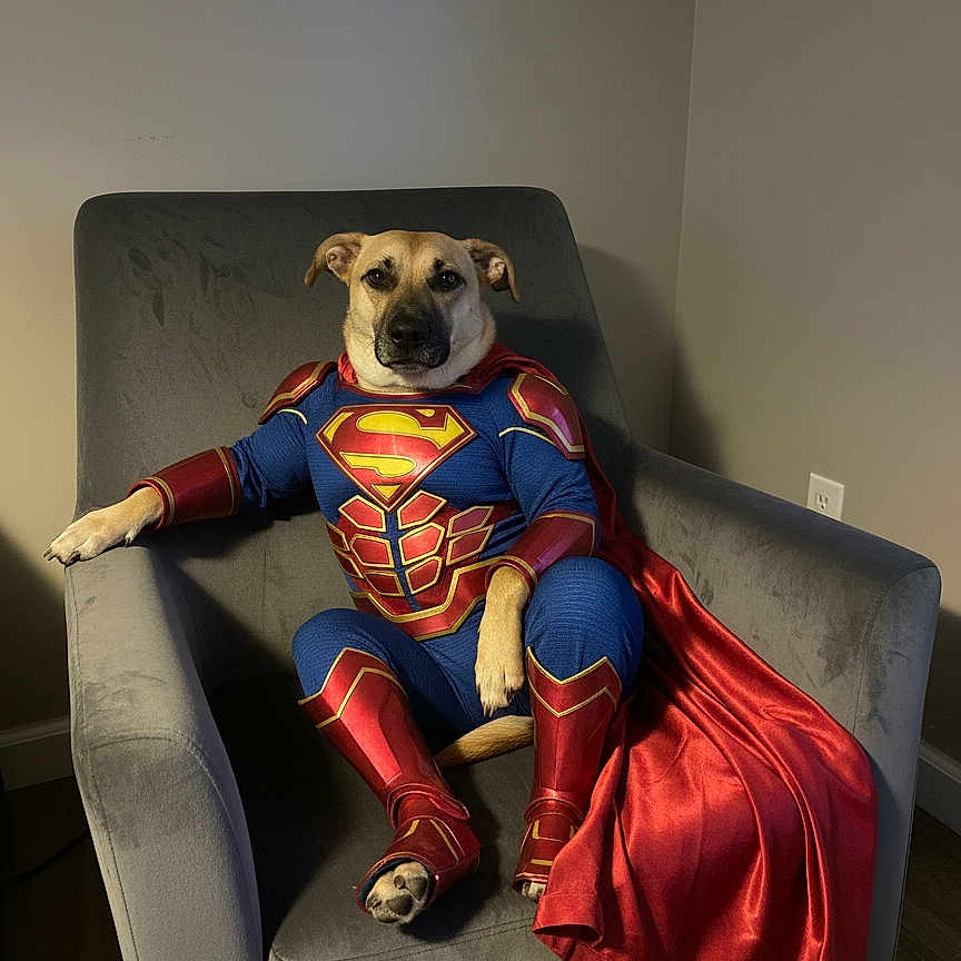 Rebbie is registered to the contest to win money with this photo: armchair, blue, brown, canine, cape, costume, dog, domestic_animal, ears, face, fur, indoor, legs, paw, pet, red, relaxed, sitting, superhero, superman_costume