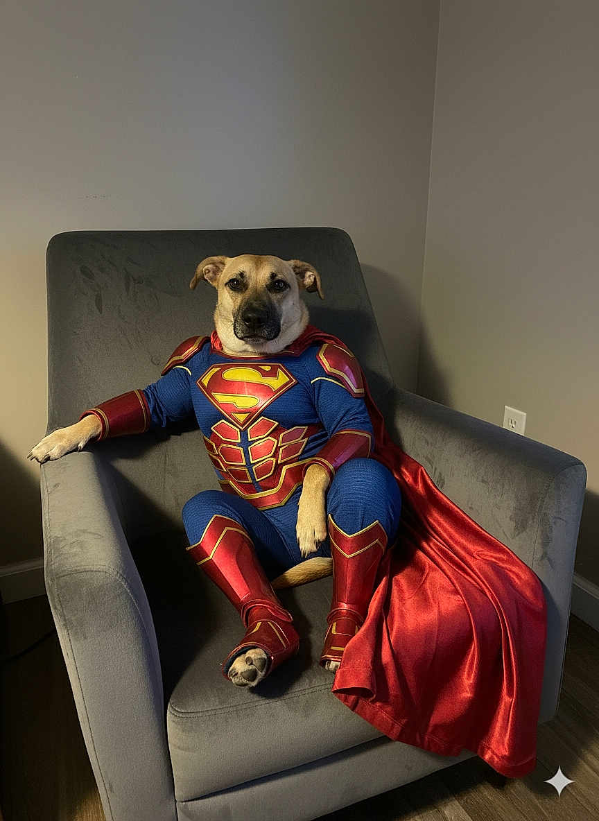 Rebbie is registered to the contest to win money with this photo: dog, superman_costume, cape, armchair, pet, indoor, costume, canine, relaxed, fur, brown, red, blue, superhero, sitting, paw, legs, ears, face, domestic_animal