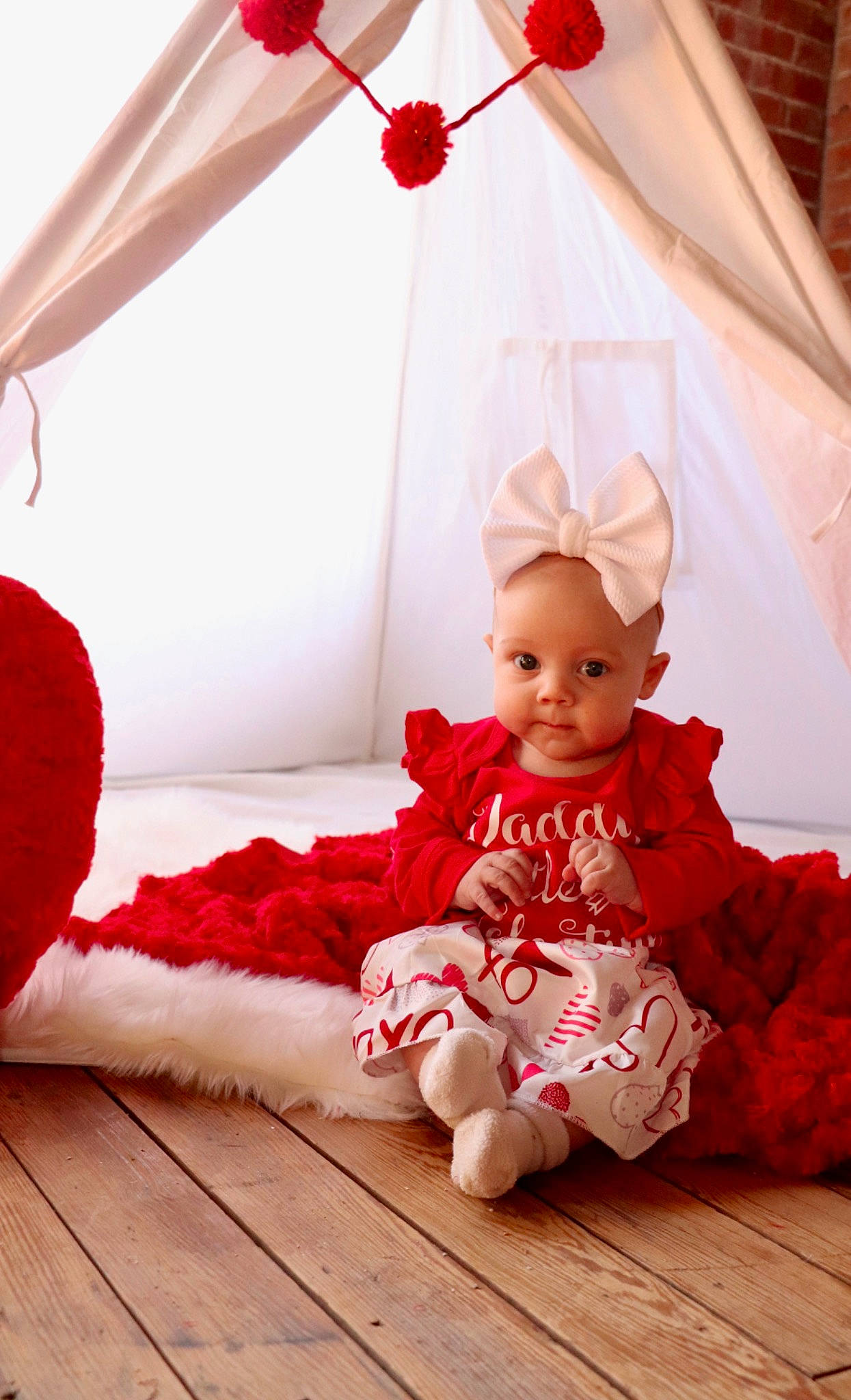 Anabella joined the competition — help win amazing prizes! baby, baby_toddler_clothing, child, comfort, dress, event, flooring, happy, linens, magenta, orange, pattern, peach, person, pink, product, red, skin, textile, toddler