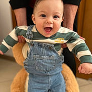 Kaïl participe au concours pour gagner de l'argent avec cette photo : baby, child, smiling, denim_overalls, striped_sweater, plush_toy, teddy_bear, indoor, person, happy, cute, holding, floor, furniture, portrait, casual_clothing, young_child, support, hands, expression