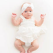 Cassidy is registered to the contest to win money with this photo: baby, infant, white_dress, headband, blue_eyes, cute, lying_down, soft_lighting, high_key, newborn, skin, barefoot, portrait, child, adorable, innocence, baby_fashion, white_background, hands_up, soft_texture