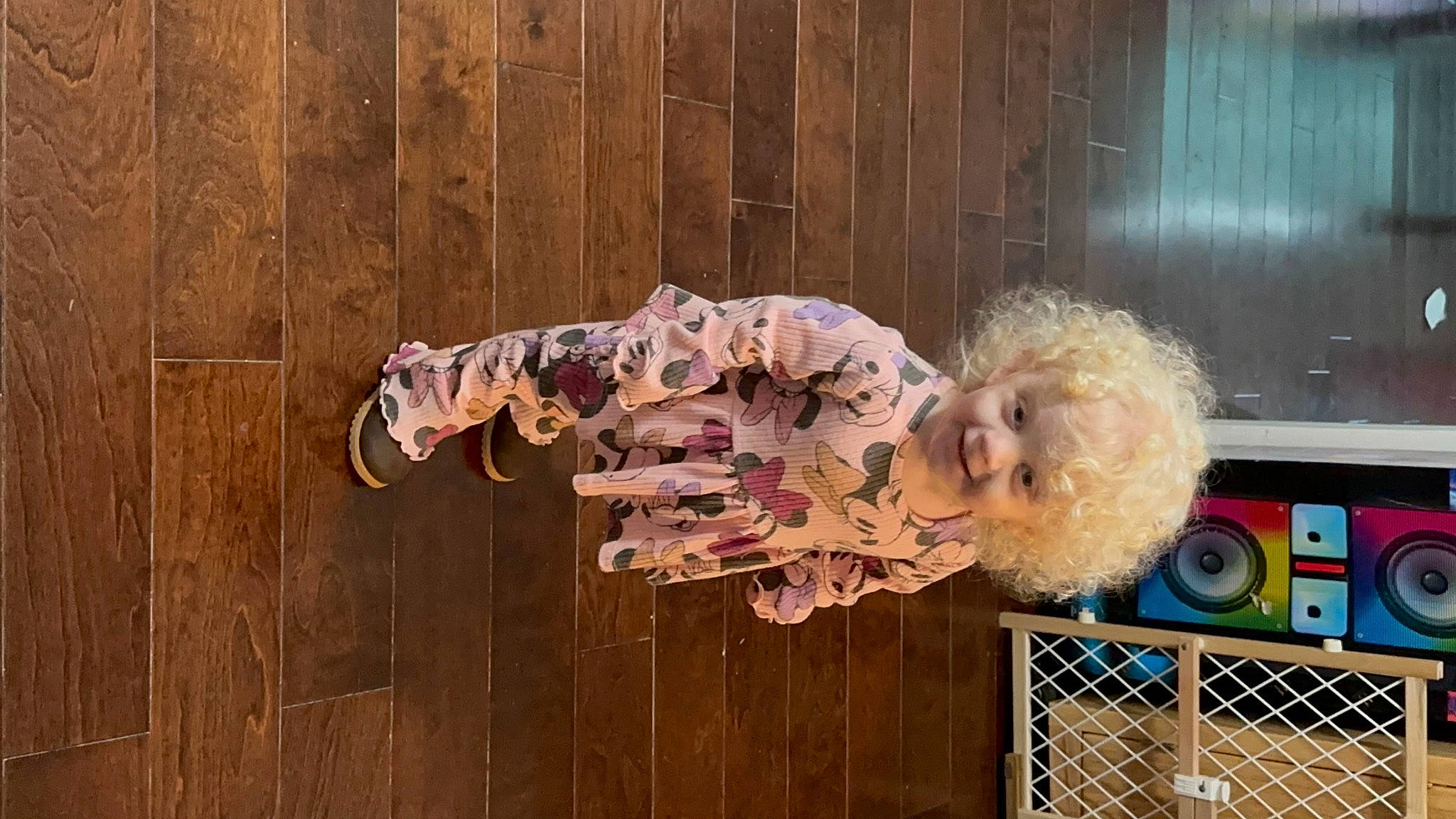Natalya is registered to the contest to win money with this photo: child, clothing, event, fence, flooring, fun, fur, happy, hardwood, human_body, magenta, pattern, person, toddler, tree, wood, wood_flooring, wood_stain