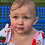 Samantha is registered to the contest to win money with this photo: toddler, child, blue_eyes, wet_hair, outdoor, bench, blue_bench, summer_clothing, strawberry_pattern, cute, portrait, young_child, face, person, nature_background, daylight, skin, expression, sitting, closeup