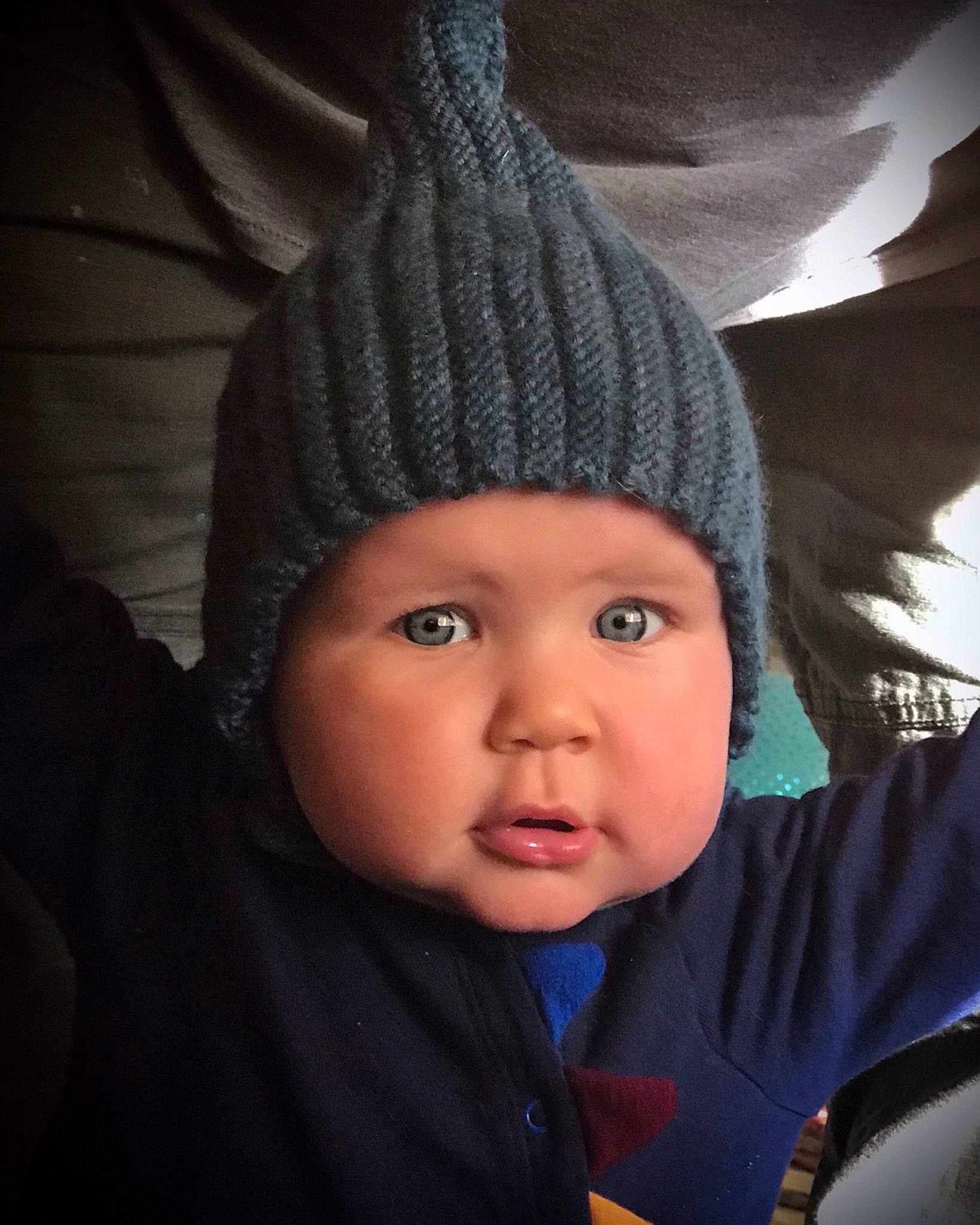 Pearl is registered to the contest to win money with this photo: baby, baby_toddler_clothing, beanie, bonnet, cheek, child, close_up, cool, eyebrow, eyelash, headgear, headwear, iris, knit_cap, lip, organ, person, skin, toddler, wool