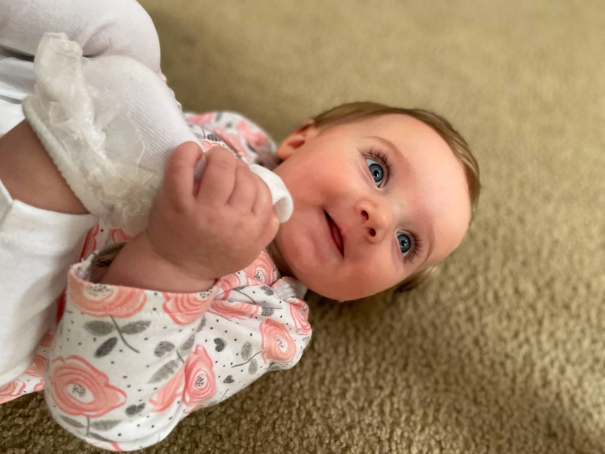 Haven is registered to the contest to win money with this photo: baby, baby_toddler_clothing, cheek, child, collar, comfort, flooring, fur, happy, headwear, linens, lip, nose, pattern, person, portrait_photography, sitting, skin, sleeve, toddler