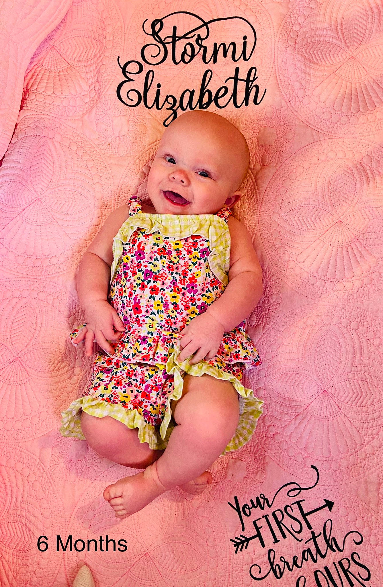 Stormi is registered to the contest to win money with this photo: arm, baby, baby_toddler_clothing, cheek, child, font, hand, happy, magenta, nail, pattern, peach, person, pink, sitting, skin, sleeve, smile, thigh, thumb