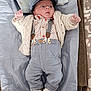 Moïse a rejoint le concours — aidez-le/la à gagner de superbes lots ! baby, infant, newborn, cap, cardigan, suspenders, button_up_shirt, trousers, sneakers, changing_mat, pillow, blanket, surprised_expression, eyes_wide, hands_up, cozy, plaid_shirt, knitwear, portrait, cute