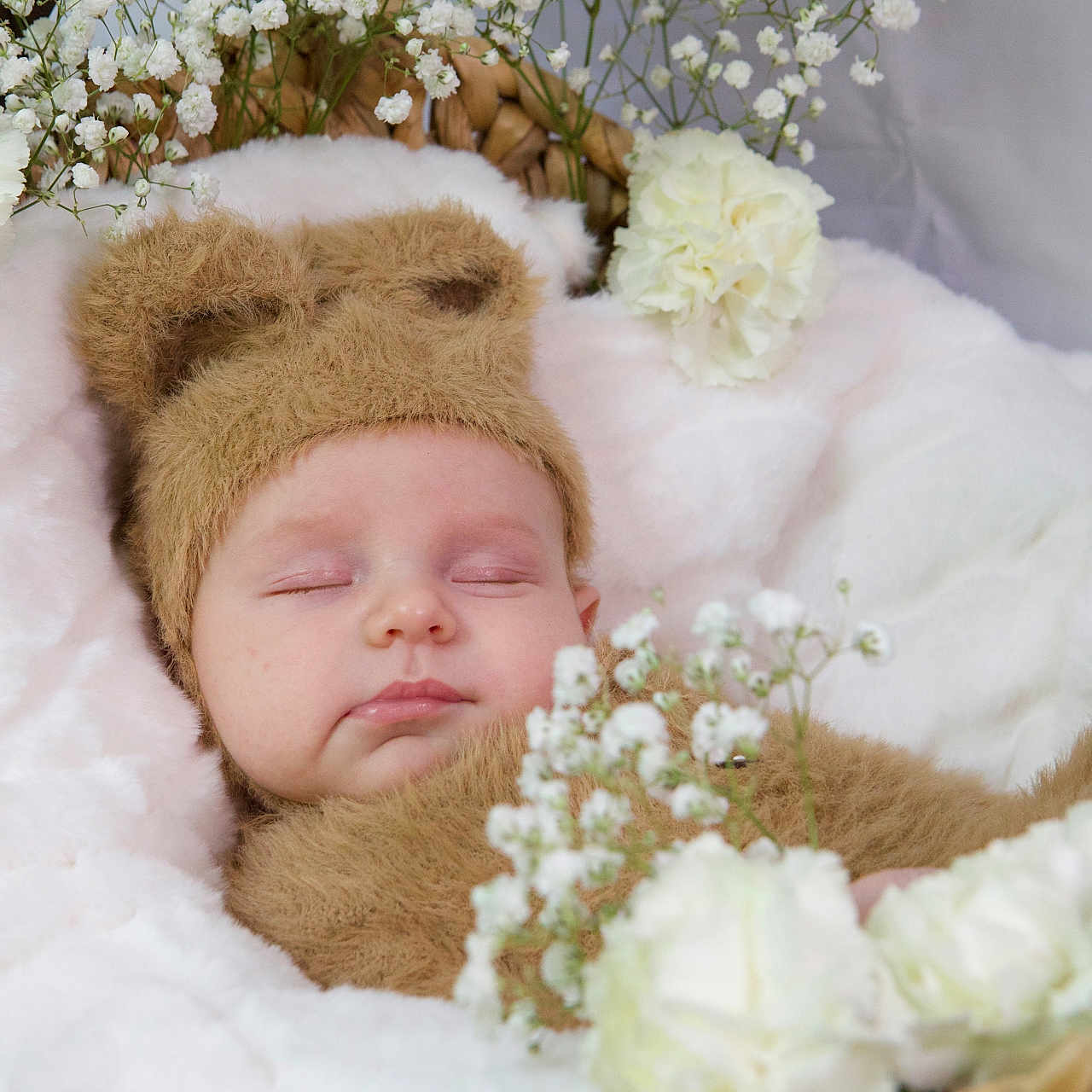 Jackson joined the competition — help win amazing prizes! baby, sleeping, bear_costume, white_flowers, blanket, soft_texture, cute, infant, portrait, flower_bouquet, cozy, peaceful, newborn, headwear, basket, floral_arrangement, resting, adorable, child, closeup