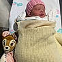newborn, baby, blanket, pink_hat, sleeping, crib, plush_toy, deer, hospital, baby_clothes, soft_toy, infant, cozy, cute, patterned_sheet, wrapped, resting, child, indoors, peaceful
