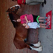 Rose is registered to the contest to win money with this photo: child, adult, horse, brick_wall, sidewalk, doormat, red_shirt, pink_shirt, shorts, sandals, people, animal, outdoor, pet, smiling, hugging, footwear, mammal, daylight, casual_clothing