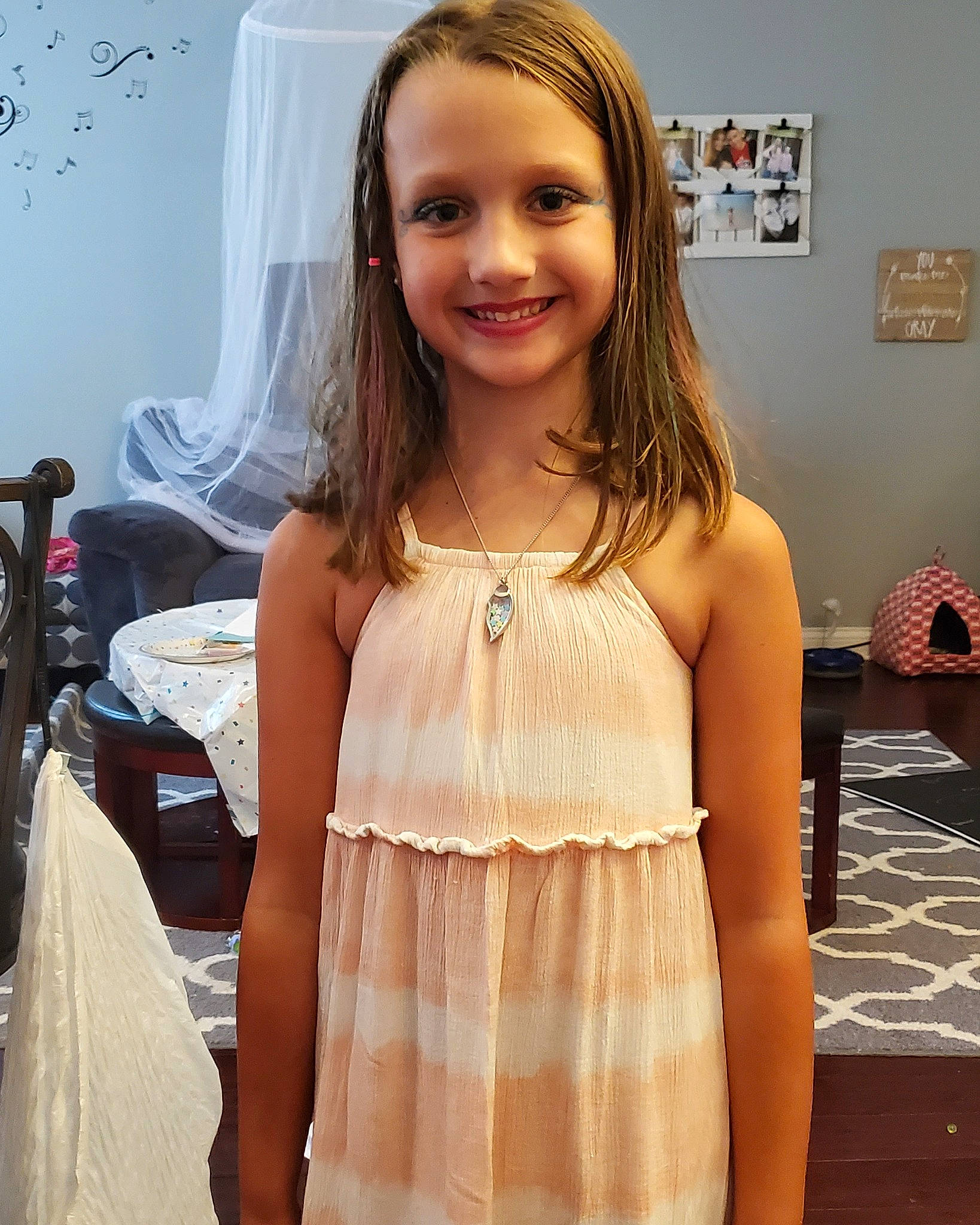 Mallory joined the competition — help win amazing prizes! brown_hair, child, child_model, clothing, dress, fashion_design, joy, long_hair, peach, person, shoulder