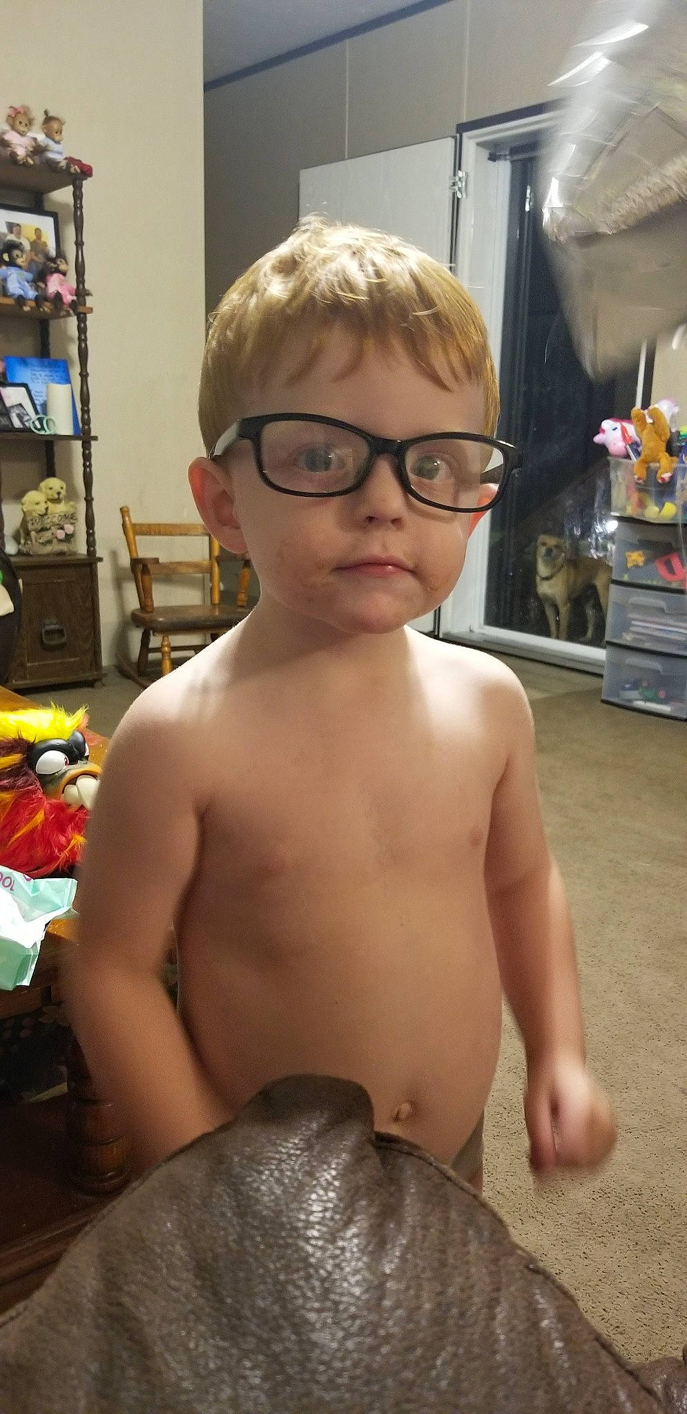 Kaydenn is registered to the contest to win money with this photo: barechested, chest, child, eyewear, glasses, hair, male, muscle, person, trunk, vision_care