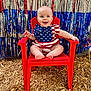 baby, child, red_chair, patriotic_clothing, stars, stripes, smiling, happy, face, outdoor, celebration, streamers, blue, red, silver, wood_chips, sitting, cute, infant, festive