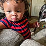 Junior is registered to the contest to win money with this photo: toddler, child, curly_hair, striped_shirt, red_and_navy, couch, living_room, dog, pet, floor, door, toy, carpet, hand, expression, indoor, person, portrait, furniture, home