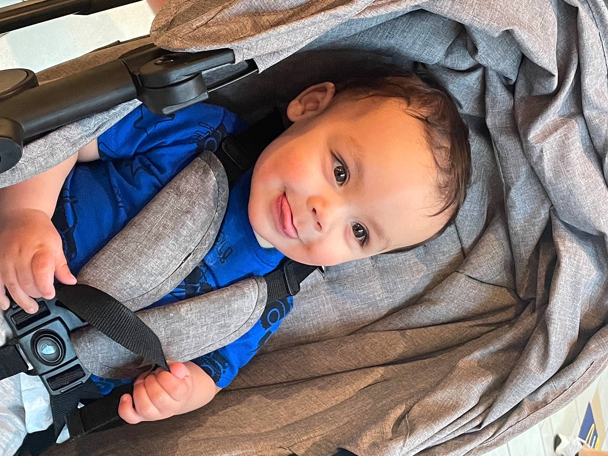 Trey is registered to the contest to win money with this photo: baby, baby_carriage, beauty, camera, cheek, child, comfort, eye, facial_expression, hairstyle, mammal, organ, outerwear, people, person, product, skin, smile, toddler, tree