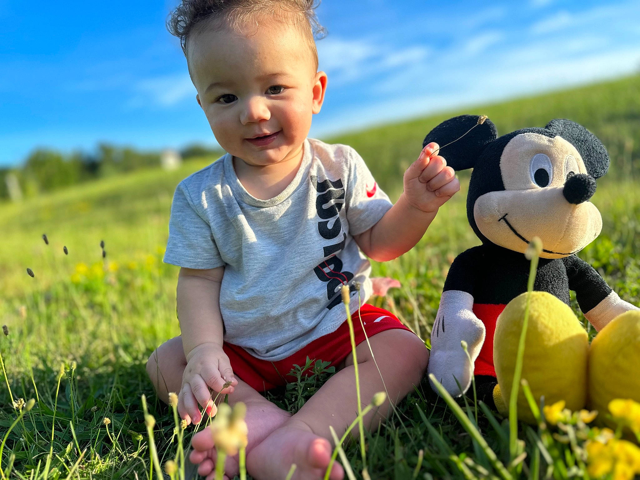 Drayden is registered to the contest to win money with this photo: baby_toddler_clothing, cloud, facial_expression, finger, flash_photography, fun, grass, grassland, happy, head, joy, meadow, people, people_in_nature, person, plant, skin, sky, summer, toddler
