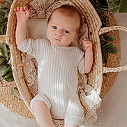 Mélio participe au concours pour gagner de l'argent avec cette photo : baby, infant, basket, woven, lace, knitwear, white_clothing, greenery, natural_light, indoor, portrait, resting, cute, newborn, soft_texture, peaceful, hands, legs, feet, cozy