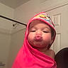 toddler, child, face, pout, pink_towel, bathroom, hooded_towel, cute, expression, indoor, door, vent, skin, person, portrait, young_child, wrapped, soft, playful, funny_face