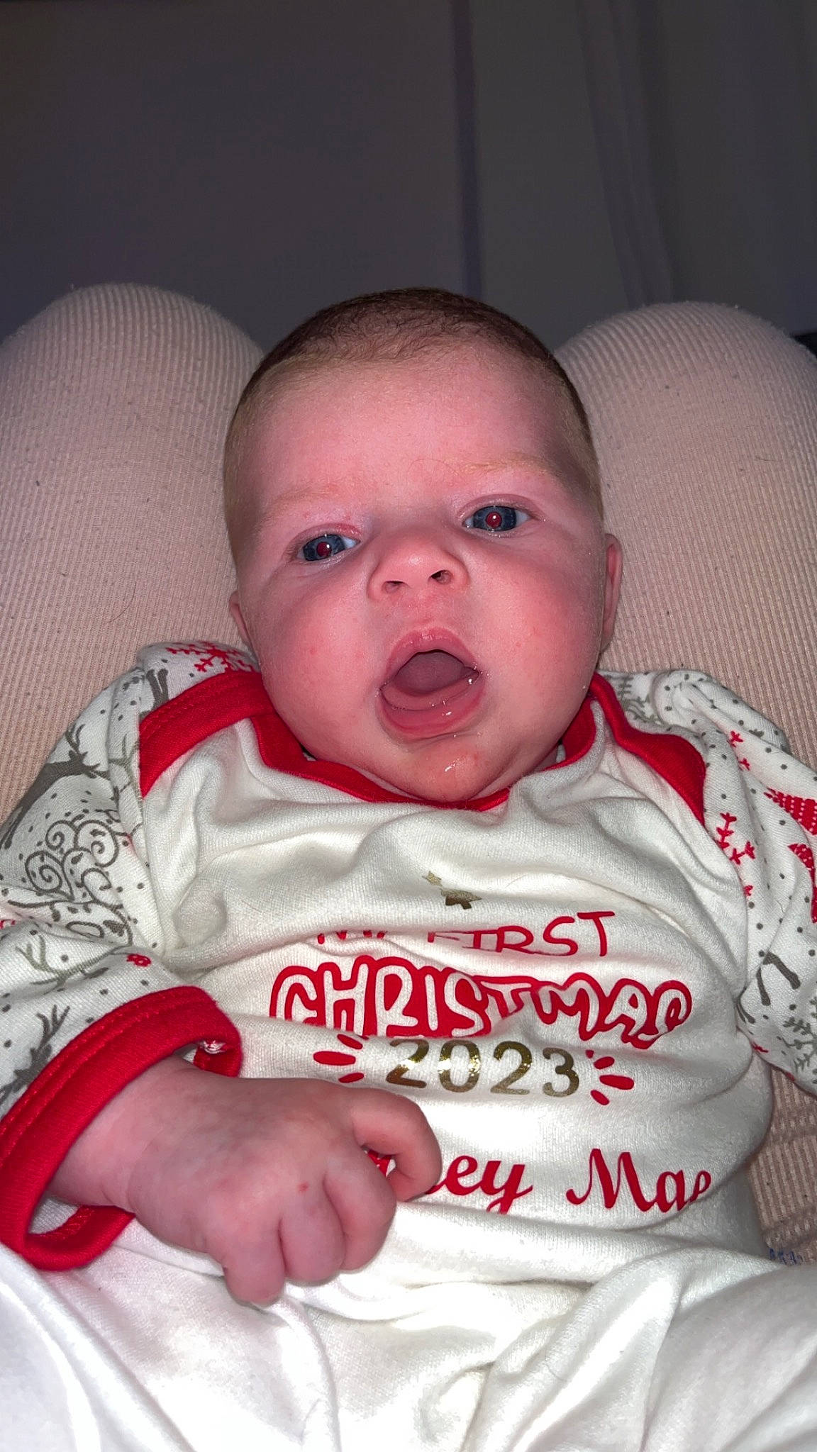 Journey-mae is registered to the contest to win money with this photo: baby, baby_toddler_clothing, cheek, child, chin, comfort, eye, face, facial_expression, finger, hair, happy, head, linens, lip, mouth, nose, person, skin, sleeve