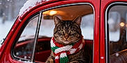 Jason joined the competition — help win amazing prizes! animal, cat, christmas, cozy, decoration, fairy_lights, festive, holiday, outdoor, pet, pine_branches, red_car, scarf, seasonal, snow, snowy, tabby_cat, vintage_car, window, winter