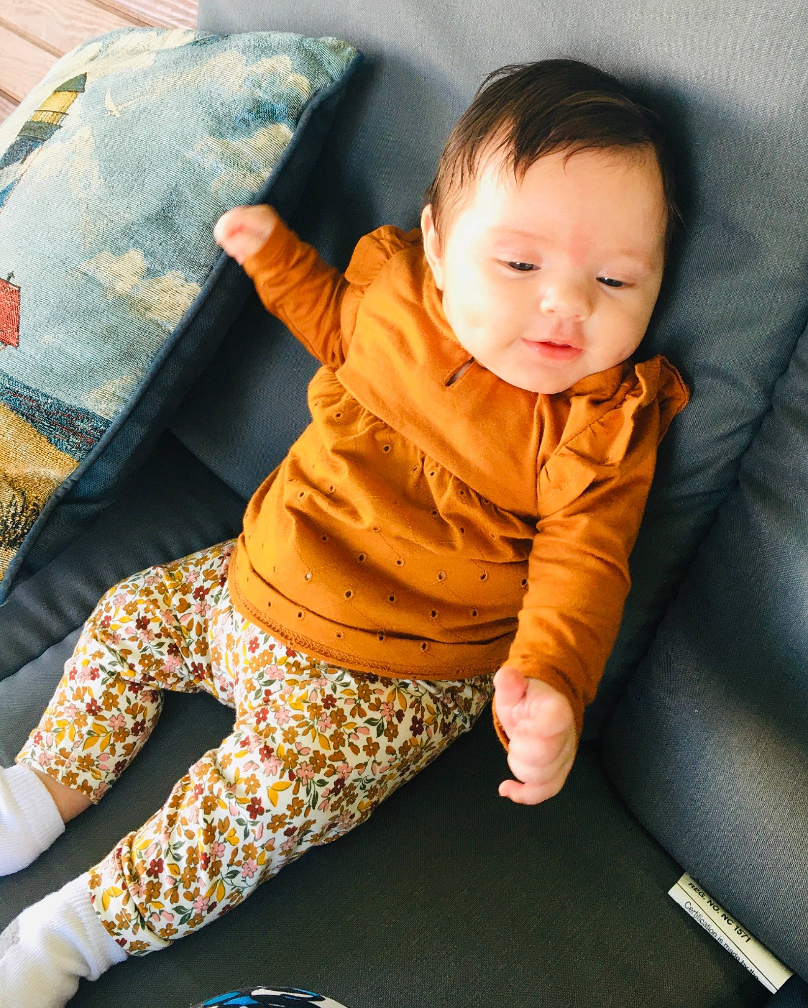 Allyson joined the competition — help win amazing prizes! baby, baby_products, baby_toddler_clothing, cheek, child, comfort, crawling, flooring, grass, human, human_leg, mammal, orange, outerwear, pattern, person, sitting, skin, sleeve, textile
