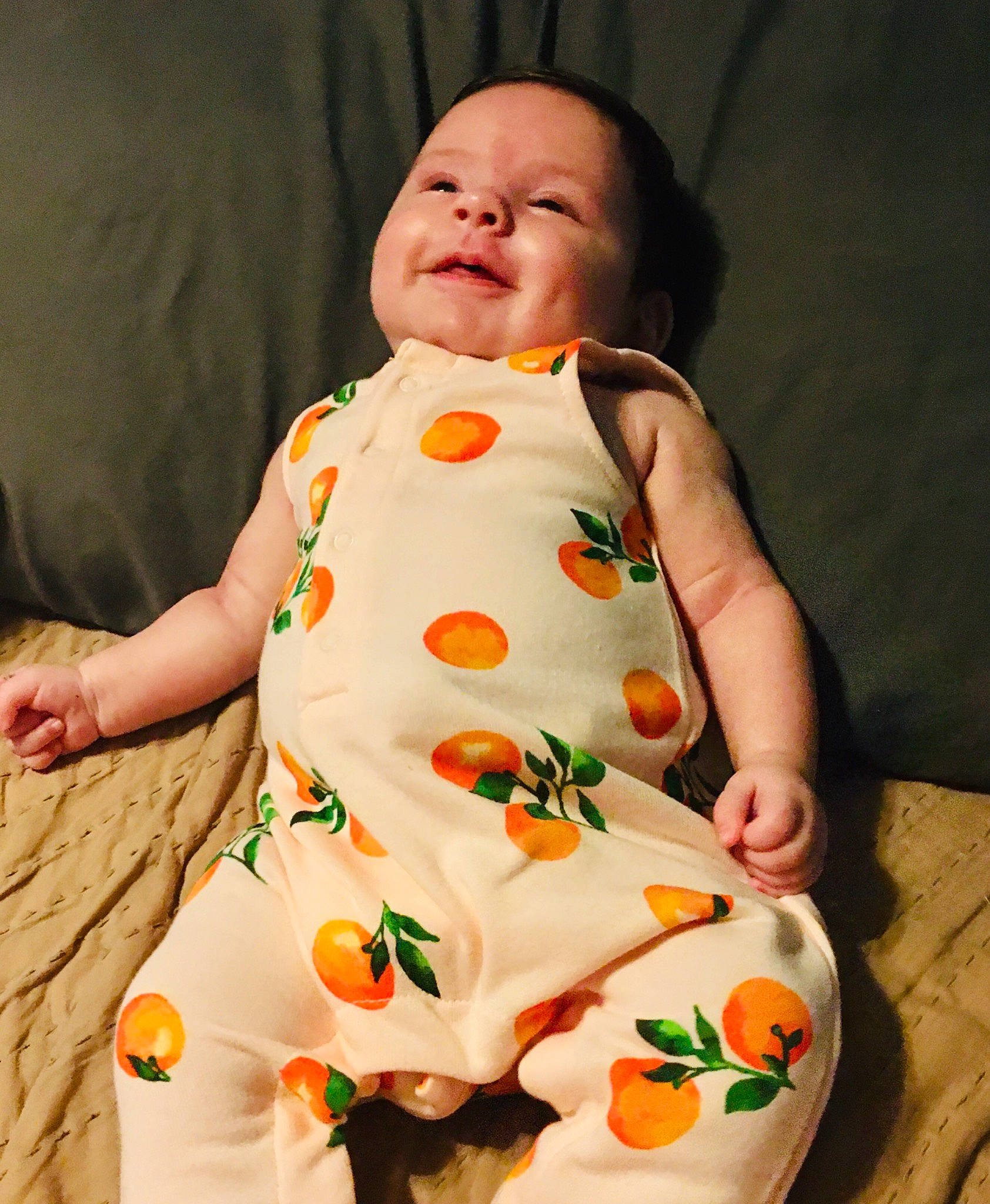 Allyson joined the competition — help win amazing prizes! baby, baby_toddler_clothing, cheek, child, comfort, dress, face, finger, hand, happy, head, neck, nose, orange, pattern, peach, person, skin, sleeve, textile