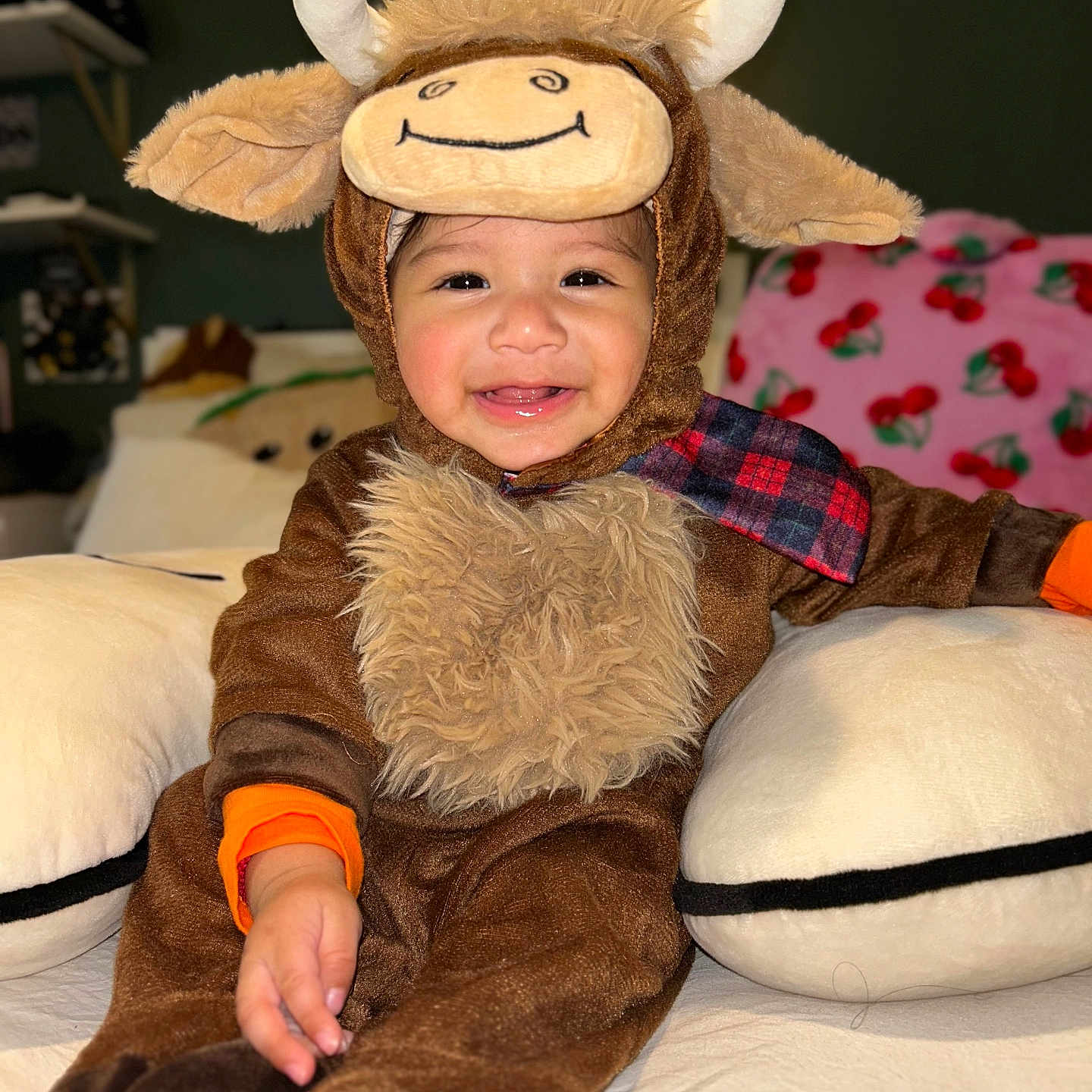 Sergio is registered to the contest to win money with this photo: baby, bed, child, clothing, costume, cozy, cute, face, funny, fuzzy, happy, indoor, infant, moose, person, pillow, plush, seated, smiling, warm